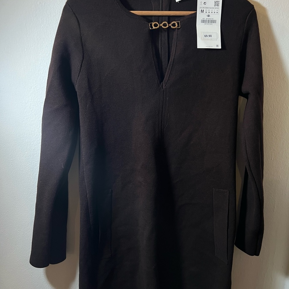 Zara Knit Mini A-Line Dress Long Sleeve w/ Gold Chain Brown Size M NEW